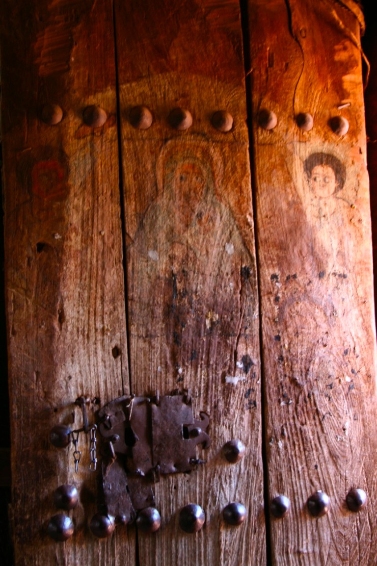 Religious paintings on a door, Lalibela, Ethiopia, Africa
